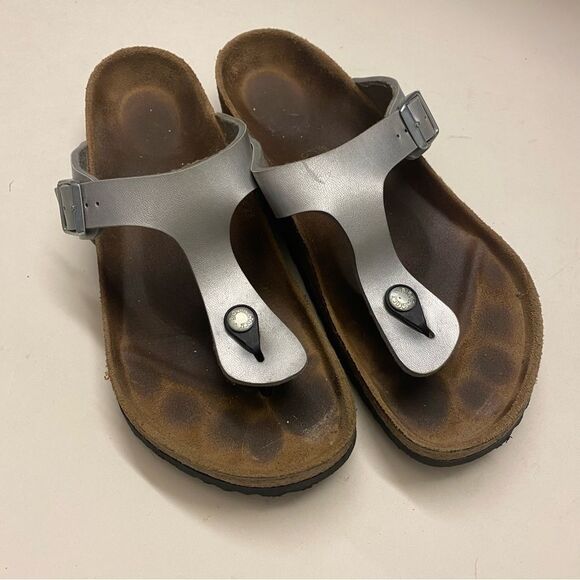Birkenstocks Gizeh Birko-Flor Shiny silver flip-flop sandals 42 US 11.5 - Picture 2 of 9